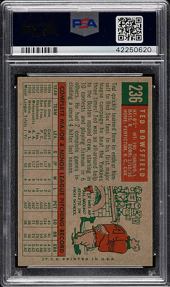 1959 Topps #236 Ted Bowsfield Gray Back PSA MINT 9 - Highest Graded!