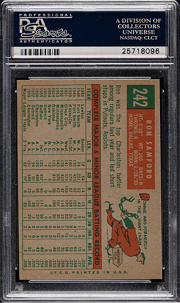 1959 Topps #242 Ron Samford Gray Back PSA MINT 9