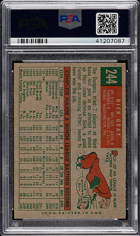 1959 Topps #244 Dick Gray Gray Back PSA MINT 9