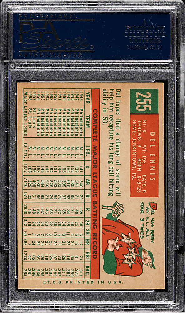 1959 Topps #255 Del Ennis PSA MINT 9