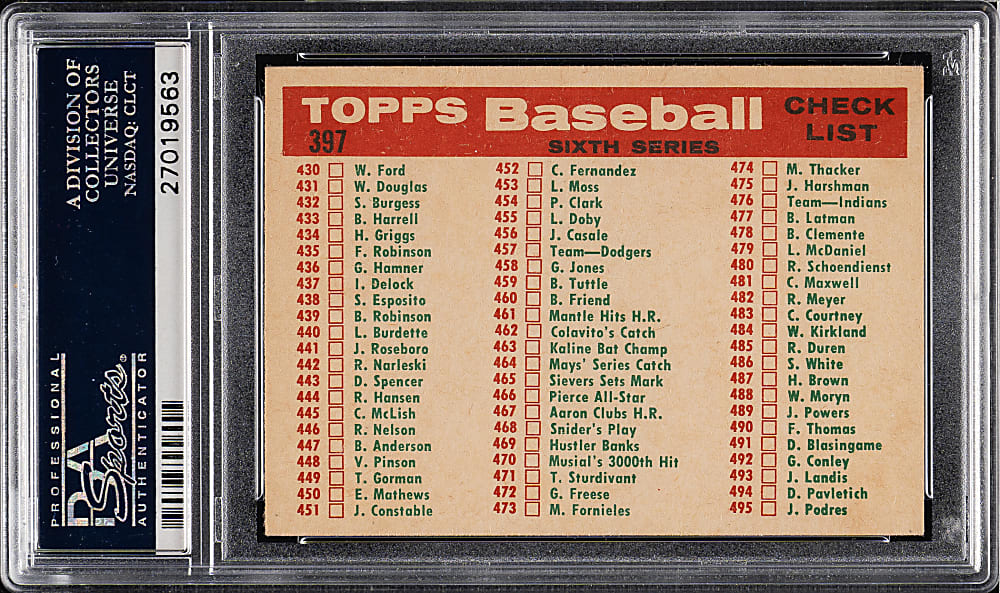 1959 Topps #397 Washington Senators Team PSA MINT 9 - Highest Graded!