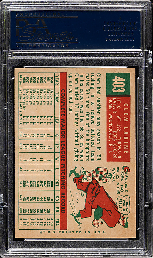 1959 Topps #403 Clem Labine PSA MINT 9 - Highest Graded!