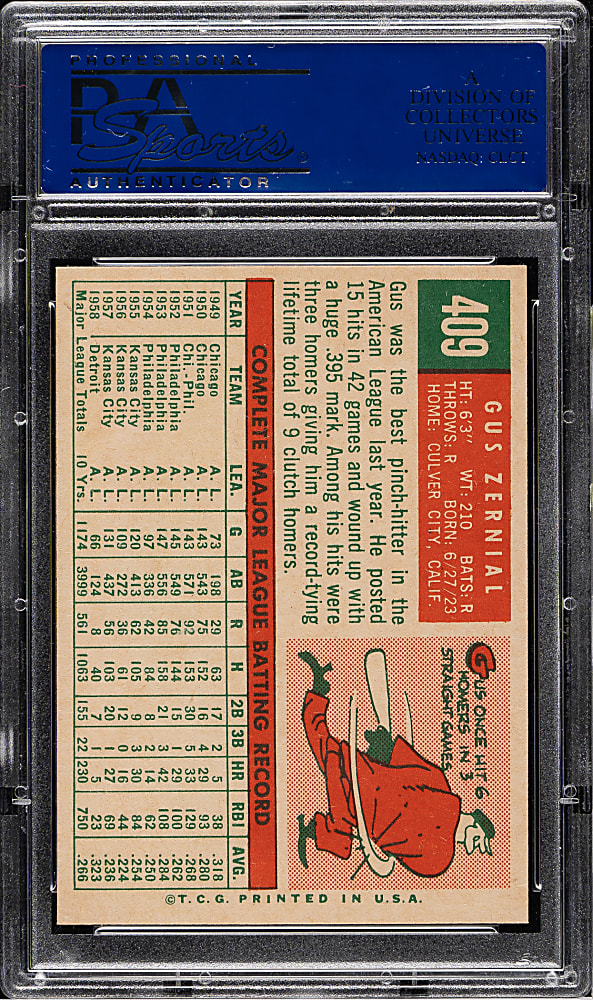 1959 Topps #409 Gus Zernial PSA MINT 9