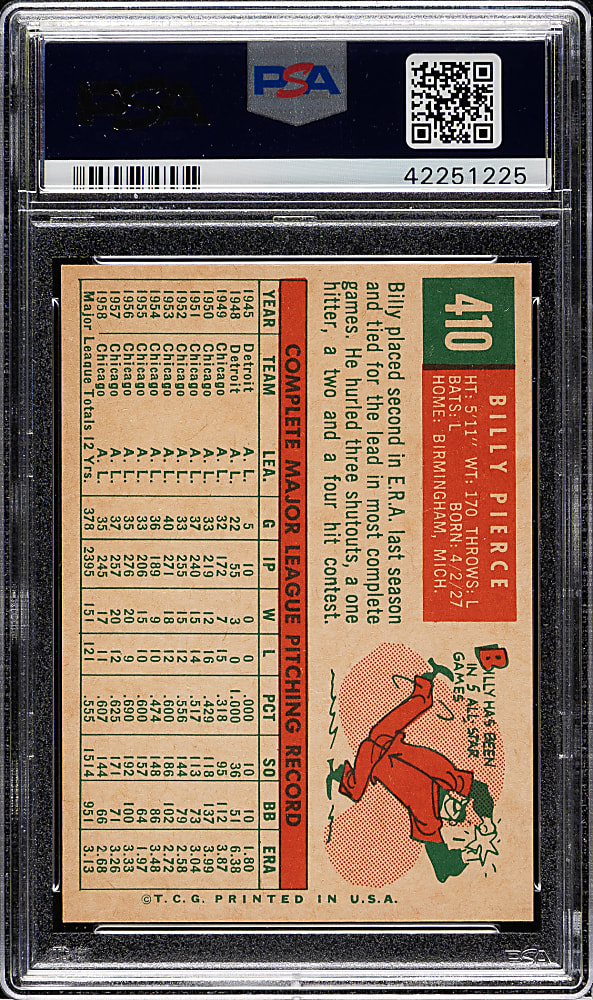 1959 Topps #410 Billy Pierce PSA MINT 9