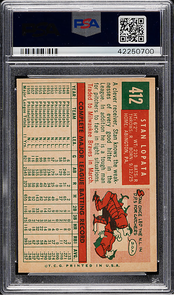 1959 Topps #412 Stan Lopata PSA MINT 9