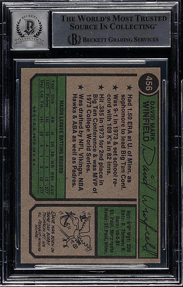 Signed 1974 Topps #456 Dave Winfield Rookie Beckett GEM MINT 10