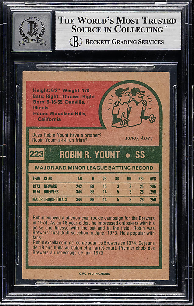 Signed 1975 O-Pee-Chee #223 Robin Yount Rookie Beckett GEM MINT 10