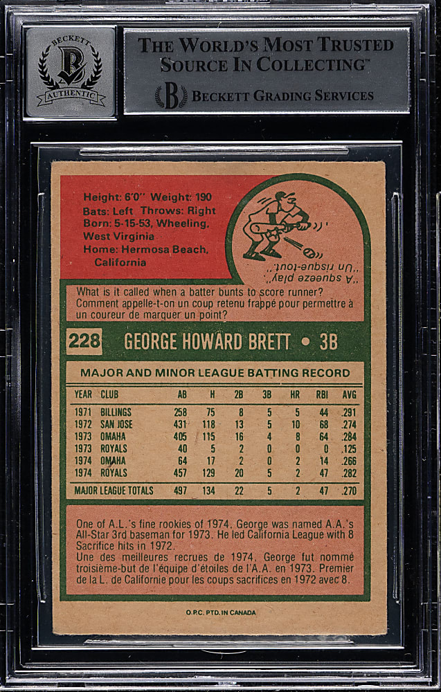 Signed 1975 O-Pee-Chee #228 George Brett Rookie Beckett GEM MINT 10
