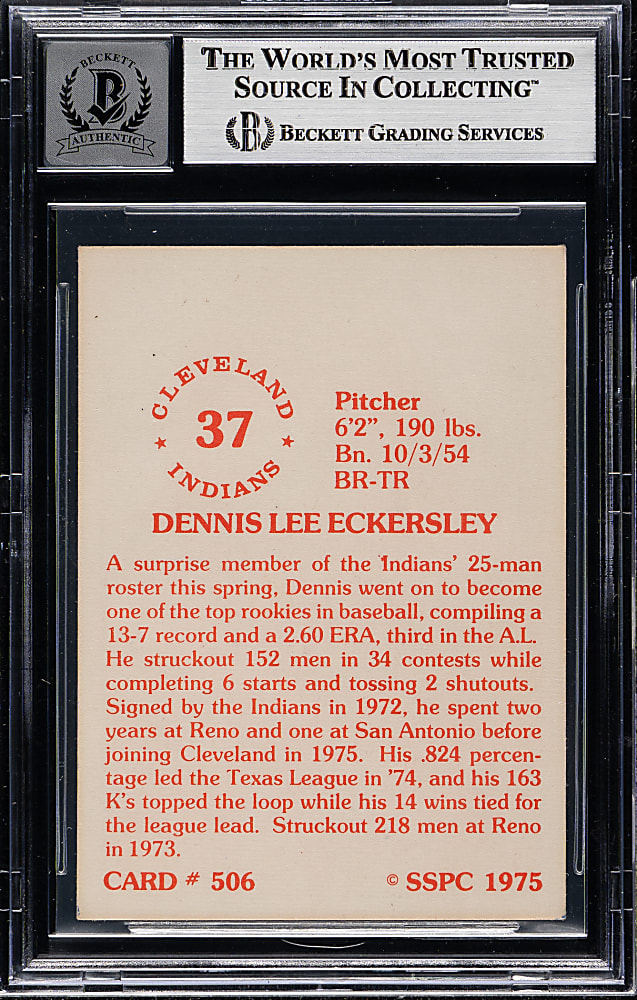 Signed 1976 SSPC #506 Dennis Eckersley Rookie Beckett GEM MINT 10