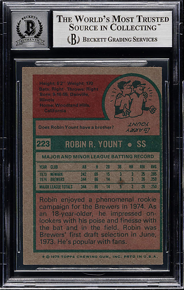 Signed 1975 Topps #223 Robin Yount Rookie Beckett GEM MINT 10