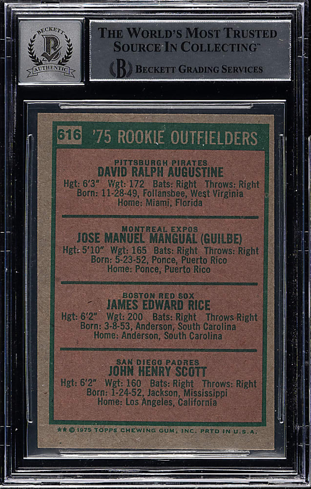 Signed 1975 Topps #616 Jim Rice Rookie Beckett GEM MINT 10