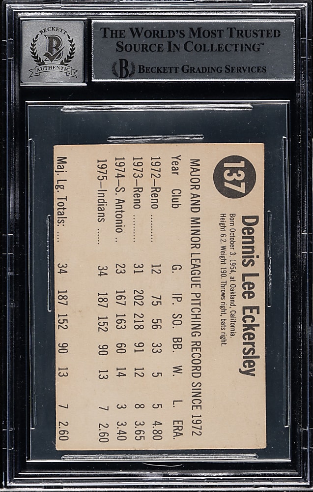 Signed 1976 Hostess #137 Dennis Eckersley Rookie Beckett GEM MINT 10