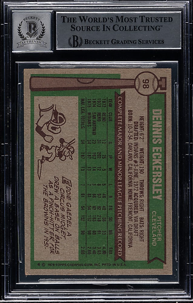 Signed 1976 Topps #98 Dennis Eckersley Rookie Beckett GEM MINT 10