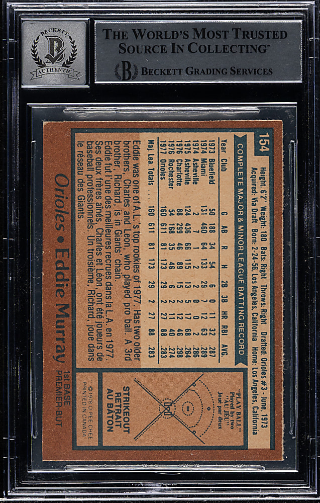 Signed 1978 O-Pee-Chee #154 Eddie Murray Rookie Beckett GEM MINT 10