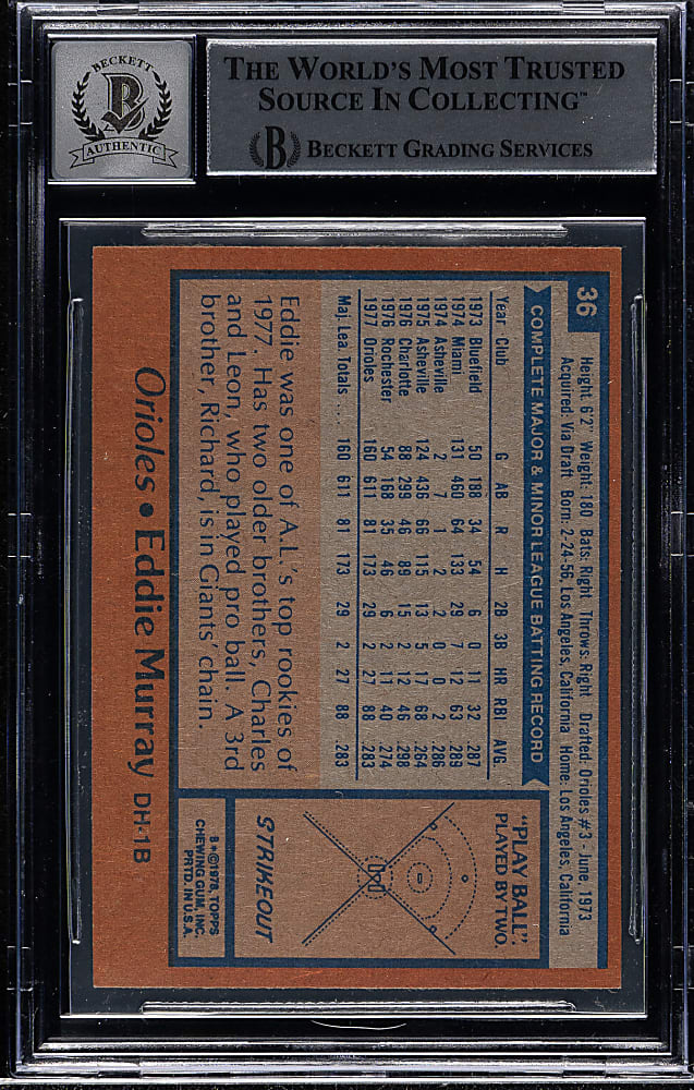 Signed 1978 Topps #36 Eddie Murray Rookie Beckett GEM MINT 10
