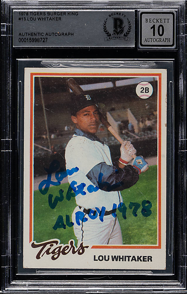 Signed 1978 Topps Burger King #13 Lou Whitaker Rookie Beckett GEM MINT 10 - "AL ROY 1978" Inscription