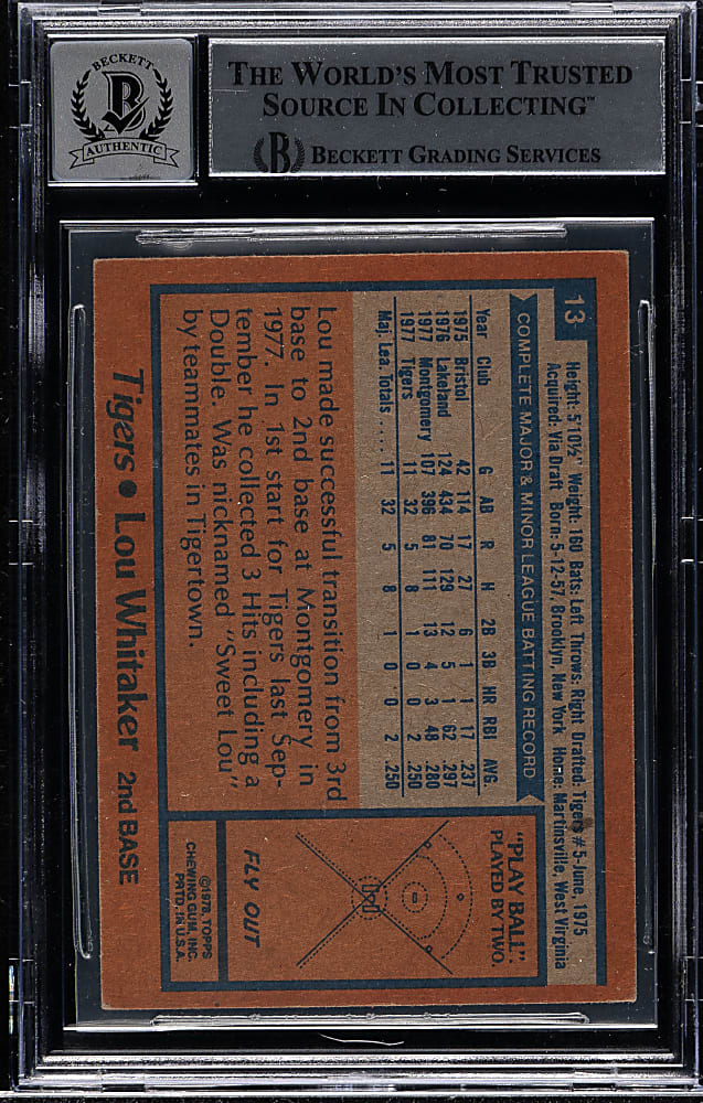 Signed 1978 Topps Burger King #13 Lou Whitaker Rookie Beckett GEM MINT 10 - "AL ROY 1978" Inscription