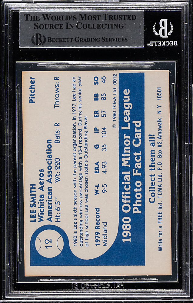 Signed 1980 Wichita Aeros #12 Lee Smith Pre-Rookie - Beckett - "HOF 2019" Inscription