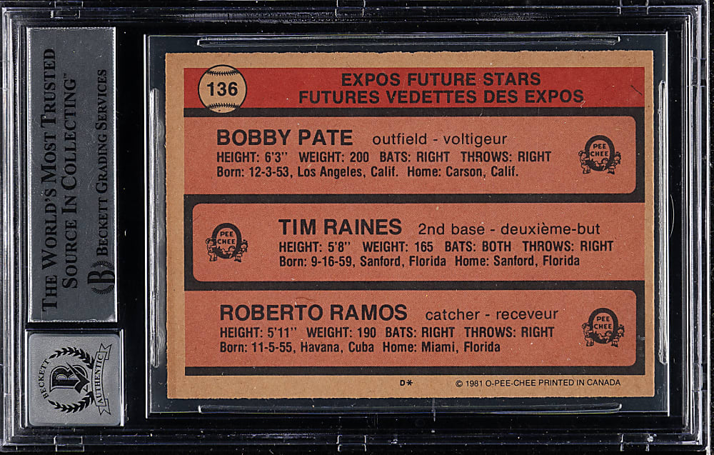 Signed 1981 O-Pee-Chee #136 Tim Raines Rookie Beckett GEM MINT 10