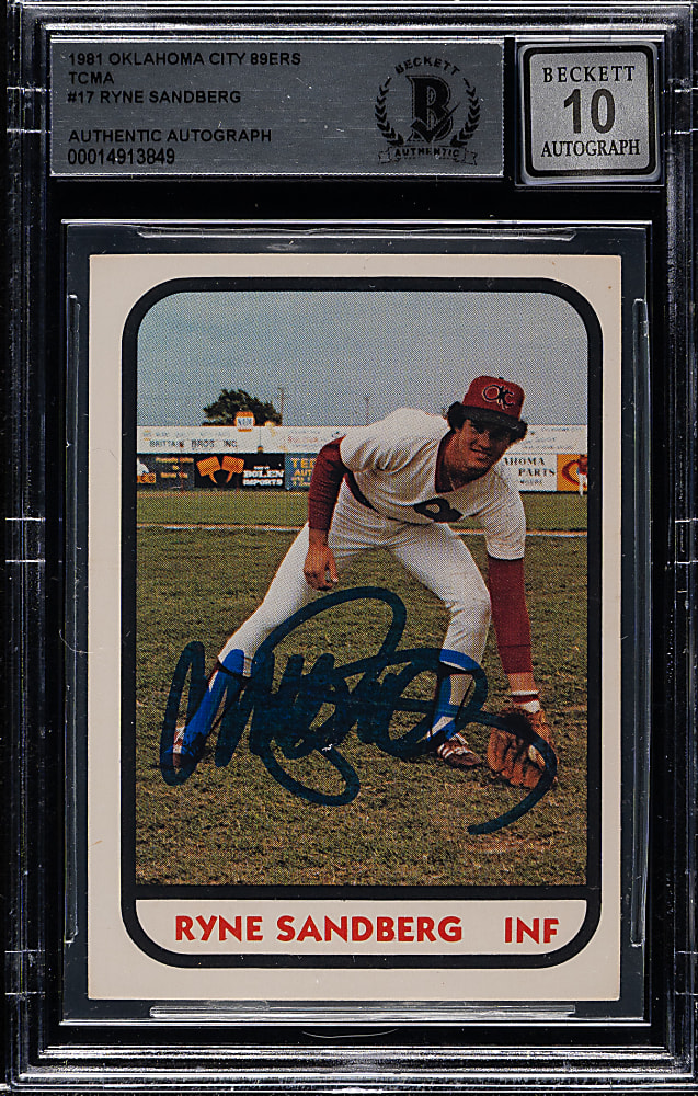 Signed 1981 TCMA Oklahoma City 89ers #17 Ryne Sandberg Pre-Rookie Beckett GEM MINT 10