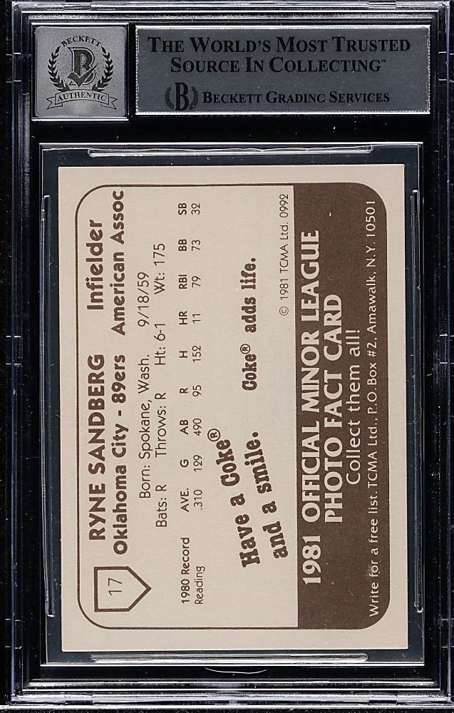 Signed 1981 TCMA Oklahoma City 89ers #17 Ryne Sandberg Pre-Rookie Beckett GEM MINT 10