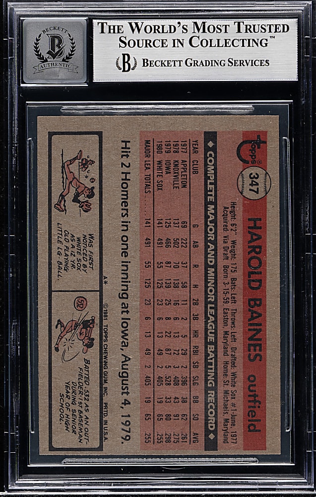 Signed 1981 Topps #347 Harold Baines Rookie Beckett GEM MINT 10