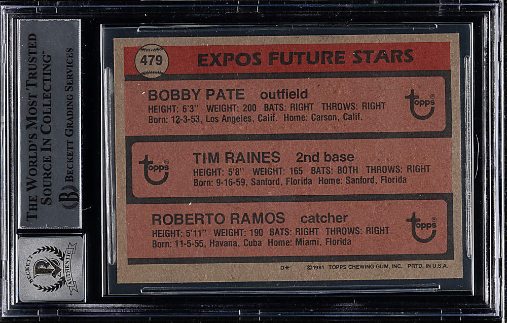 Signed 1981 Topps #479 Tim Raines Rookie Beckett GEM MINT 10 - Signed by All Three Players!