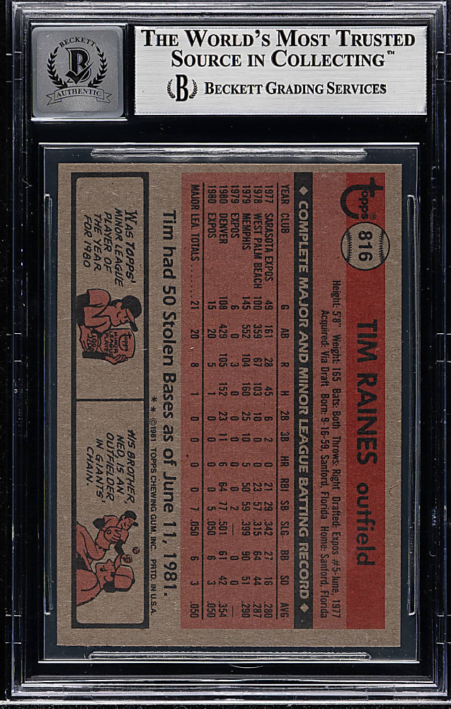Signed 1981 Topps Traded #816 Tim Raines Rookie Beckett GEM MINT 10