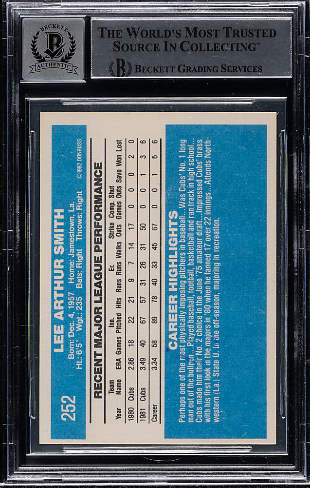 Signed 1982 Donruss #252 Lee Smith Rookie Beckett GEM MINT 10