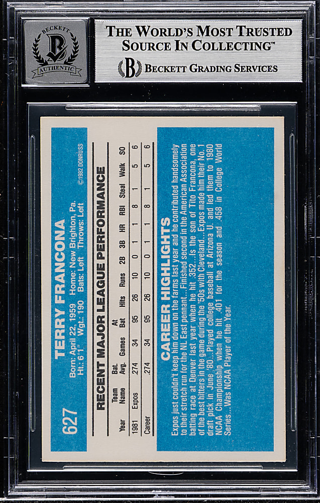 Signed 1982 Donruss #627 Terry Francona Rookie Beckett GEM MINT 10