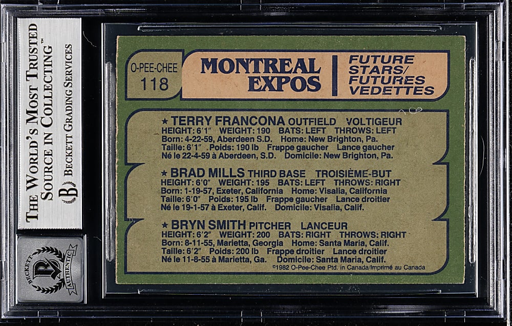 Signed 1982 O-Pee-Chee #118 Montreal Expos Rookies with Terry Francona Beckett GEM MINT 10 - Signed by All Three Players!