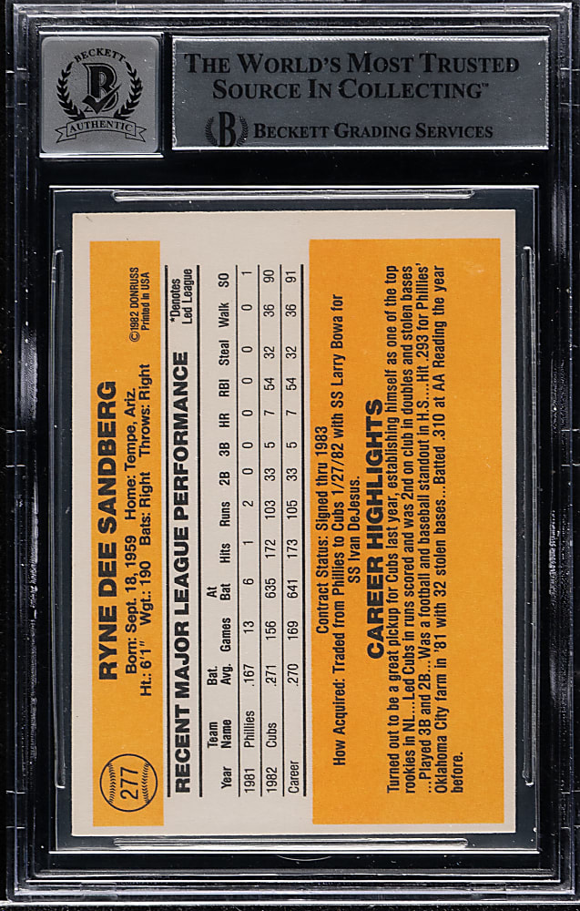 Signed 1983 Donruss #277 Ryne Sandberg Rookie Beckett GEM MINT 10