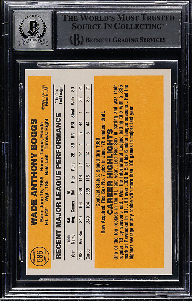 Signed 1983 Donruss #586 Wade Boggs Rookie Beckett GEM MINT 10