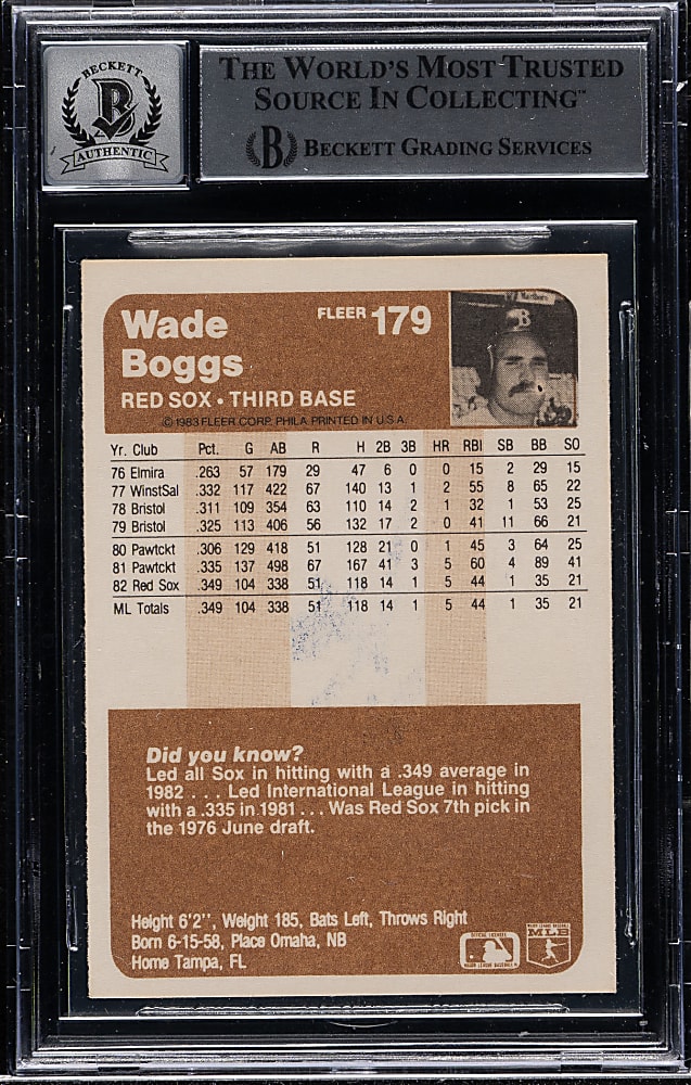 Signed 1983 Fleer #179 Wade Boggs Rookie Beckett GEM MINT 10
