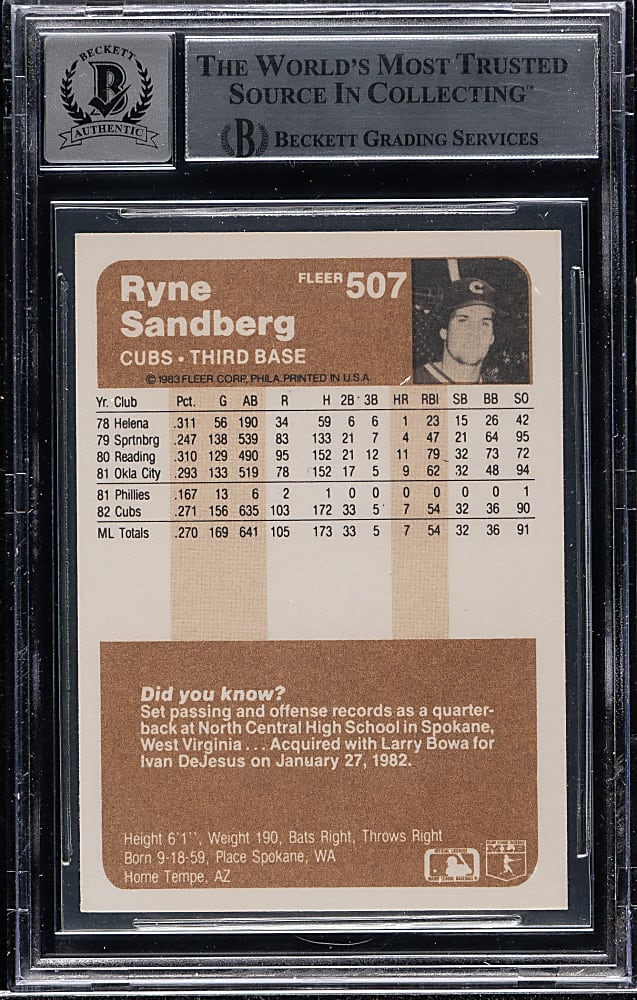Signed 1983 Fleer #507 Ryne Sandberg Rookie Beckett GEM MINT 10