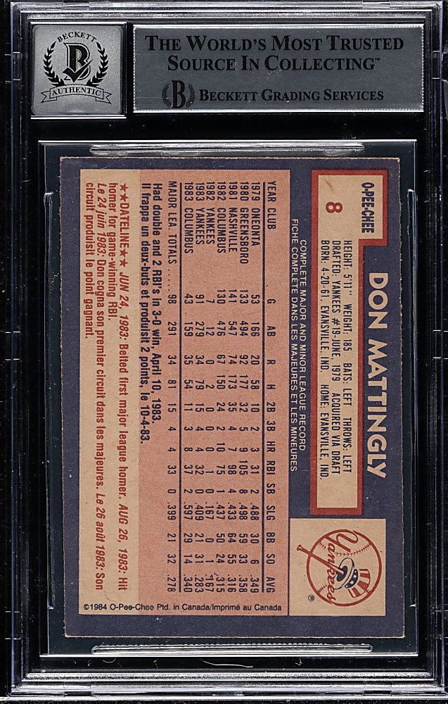Signed 1984 O-Pee-Chee #8 Don Mattingly Rookie Beckett GEM MINT 10