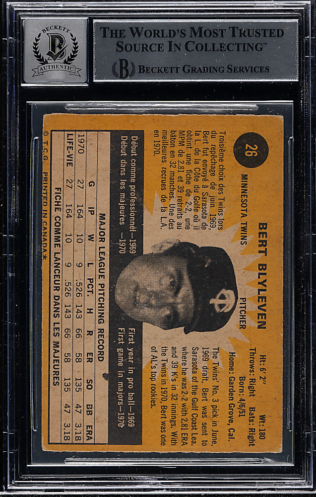 Signed 1971 O-Pee-Chee #26 Bert Blyleven Rookie Beckett GEM MINT 10