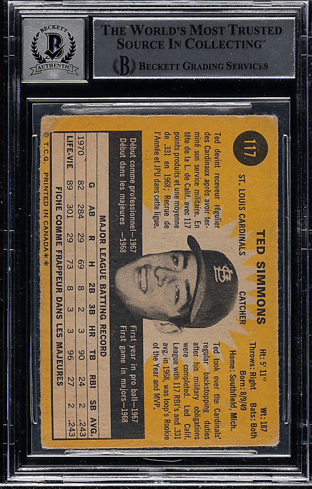 Signed 1971 O-Pee-Chee #117 Ted Simmons Rookie Beckett GEM MINT 10