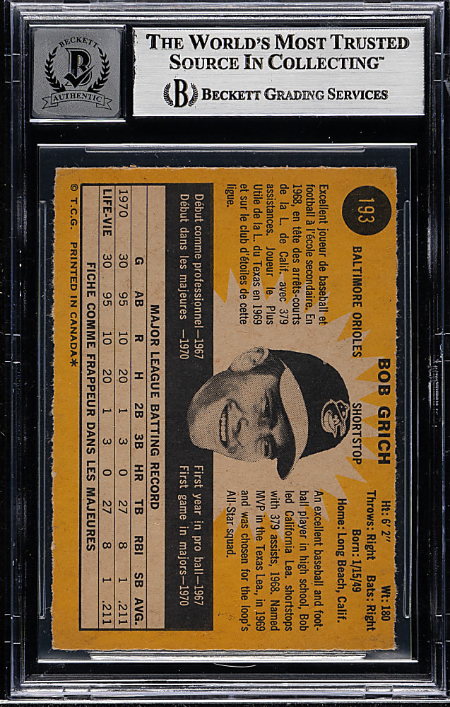 Signed 1971 O-Pee-Chee #193 Bobby Grich Rookie Beckett GEM MINT 10