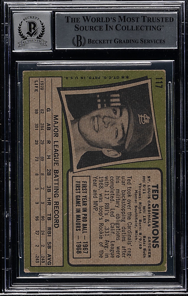 Signed 1971 Topps #117 Ted Simmons Rookie Beckett GEM MINT 10