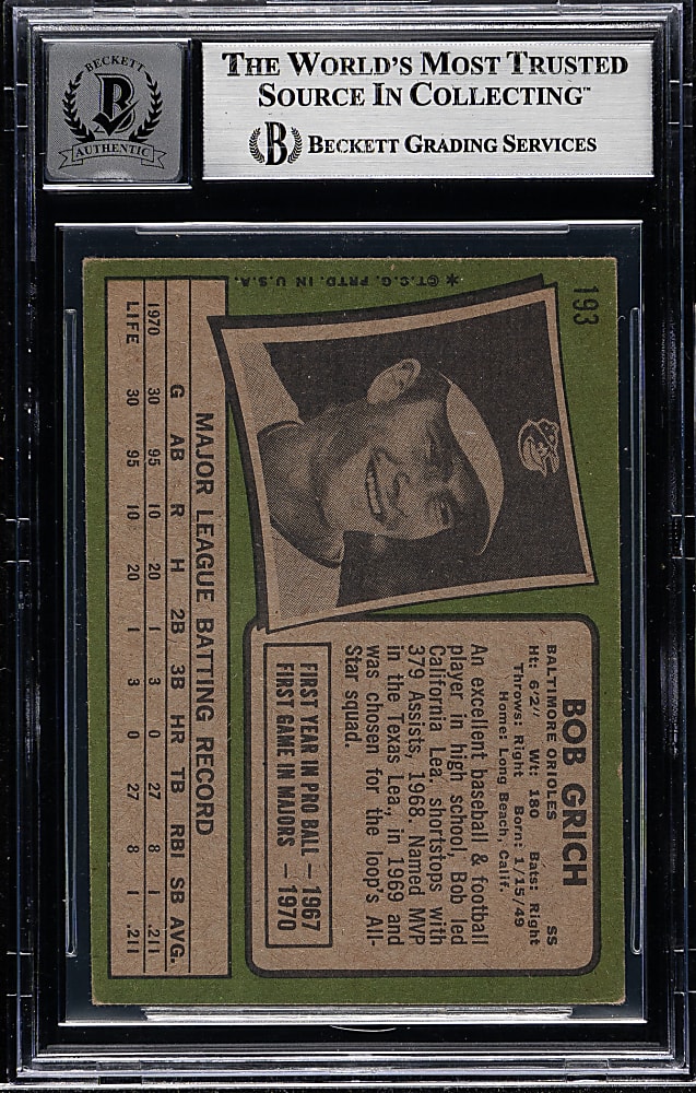 Signed 1971 Topps #193 Bobby Grich Rookie Beckett GEM MINT 10