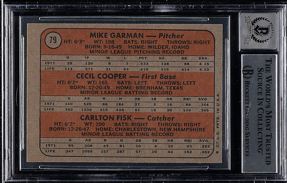 Signed 1972 Topps #79 Carlton Fisk Rookie Beckett GEM MINT 10