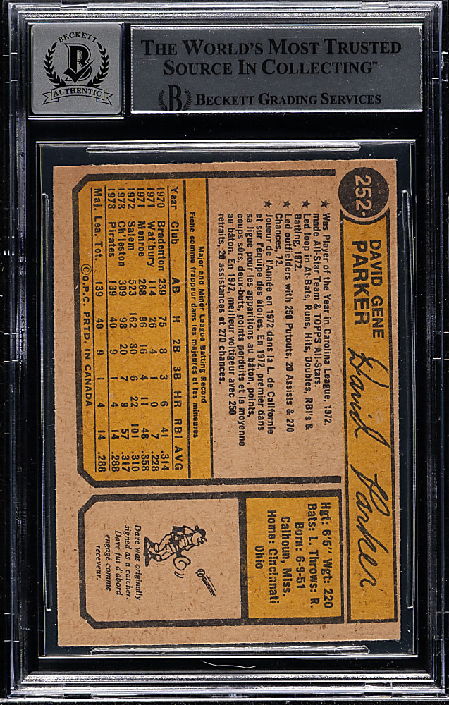 Signed 1974 O-Pee-Chee #252 Dave Parker Rookie Beckett GEM MINT 10
