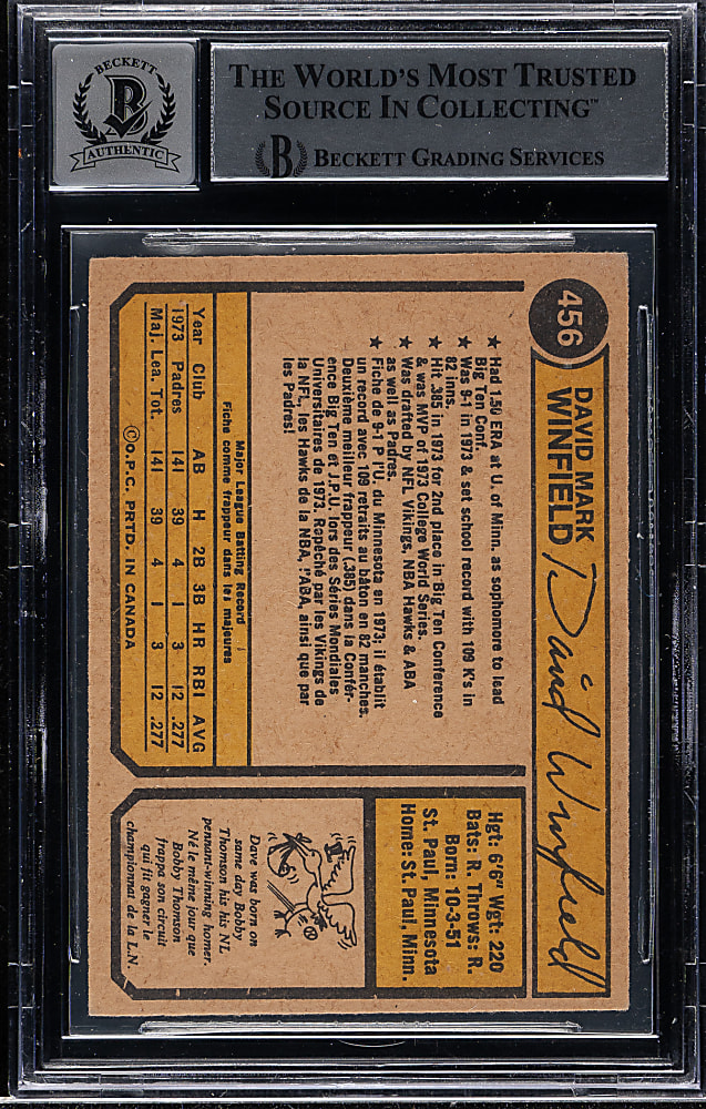 Signed 1974 O-Pee-Chee #456 Dave Winfield Rookie Beckett GEM MINT 10