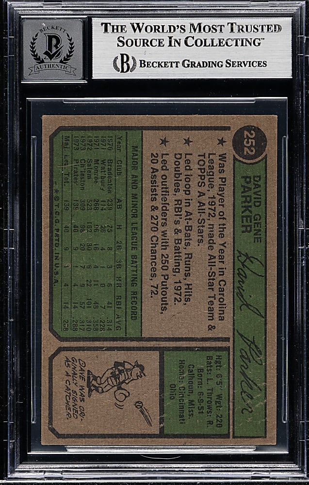 Signed 1974 Topps #252 Dave Parker Rookie Beckett GEM MINT 10