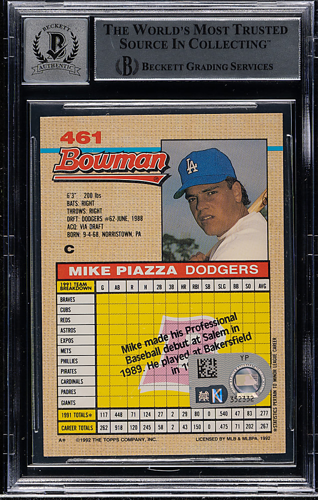 Signed 1992 Bowman #461 Mike Piazza Rookie Beckett GEM MINT 10 - "HOF 2016" Inscription