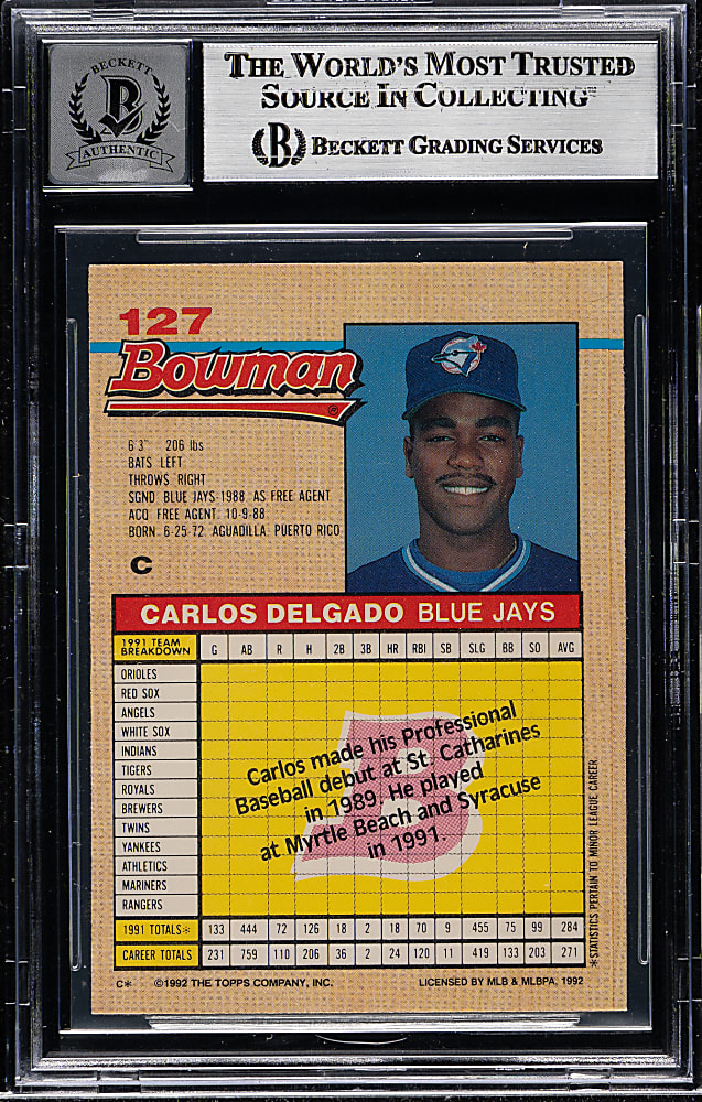 Signed 1992 Bowman #127 Carlos Delgado Rookie Beckett GEM MINT 10