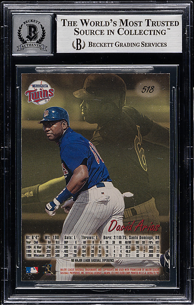 Signed 1997 Fleer Ultra #518 David Ortiz Rookie Beckett GEM MINT 10 - "HOF 22" Inscription