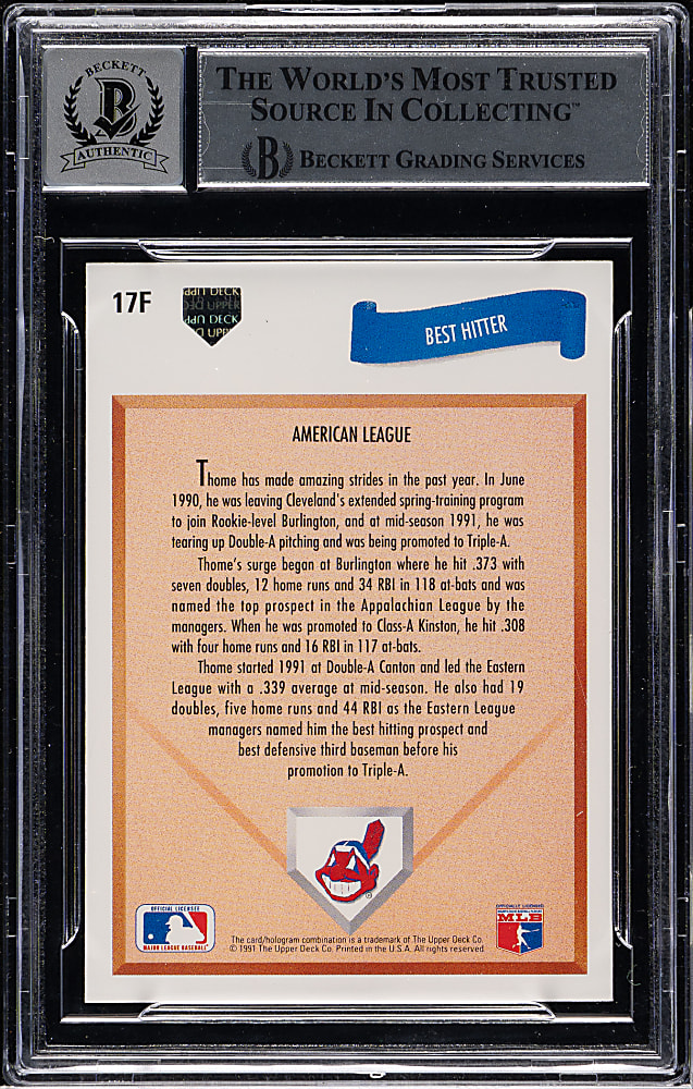 Signed 1991 Upper Deck Final Edition #17F Jim Thome Rookie Beckett GEM MINT 10