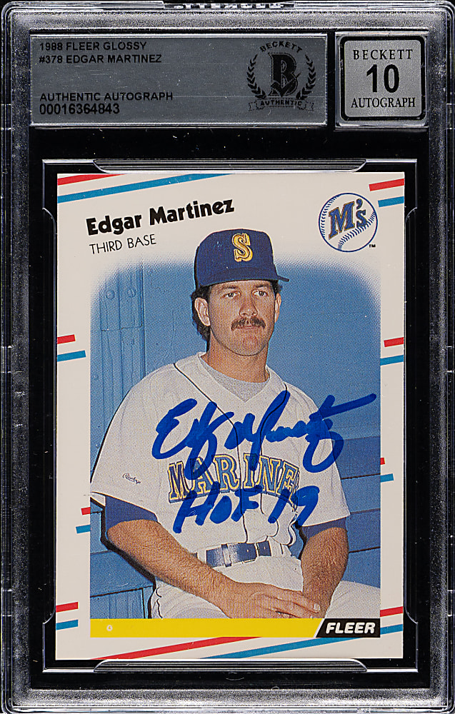 Signed 1988 Fleer Glossy #378 Edgar Martinez Rookie Beckett GEM MINT 10 - "HOF 19" Inscription